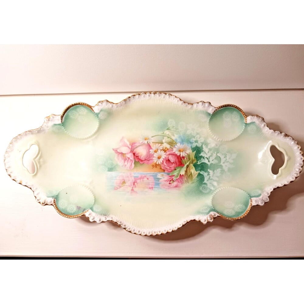 RS Prussia Porcelain Poppies Reflecting Celery Dish Handles Antique Gilded